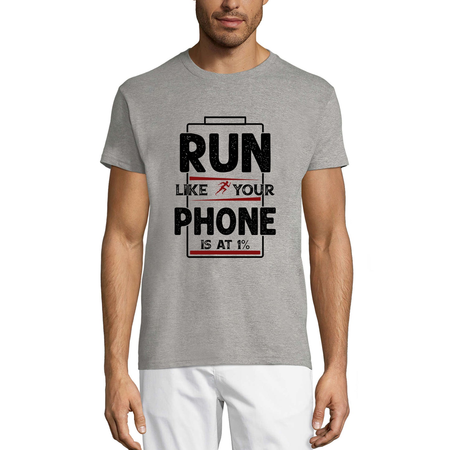 ULTRABASIC Herren-Neuheits-T-Shirt „Run Like Your Phone is at 1%“ – Lustiges Läufer-T-Shirt