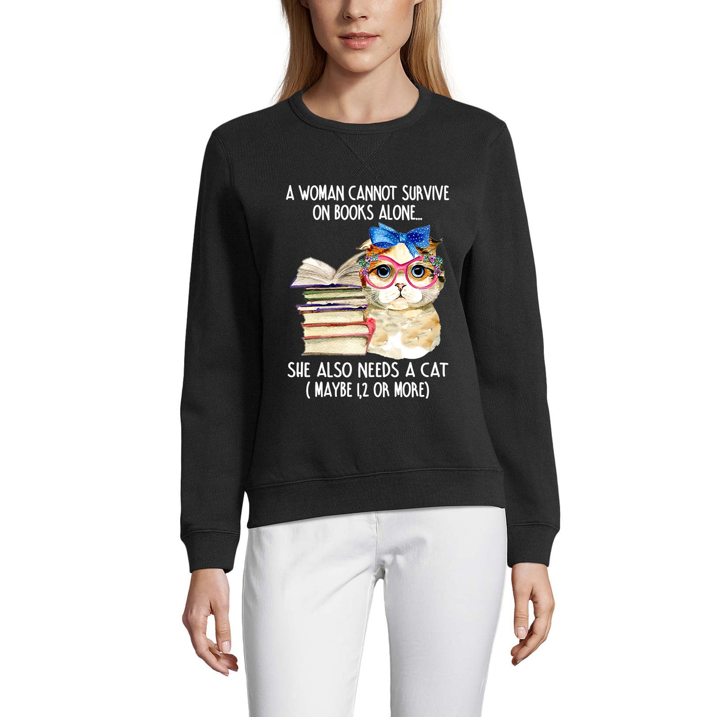 ULTRABASIC Damen-Sweatshirt She Also Needs Cat – Süße Katze mit Büchern