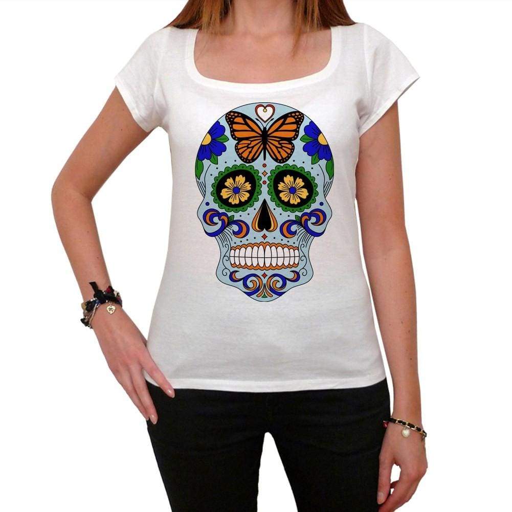 Day Of The Dead Skull Blue White Womens T-Shirt 100% Cotton 00188