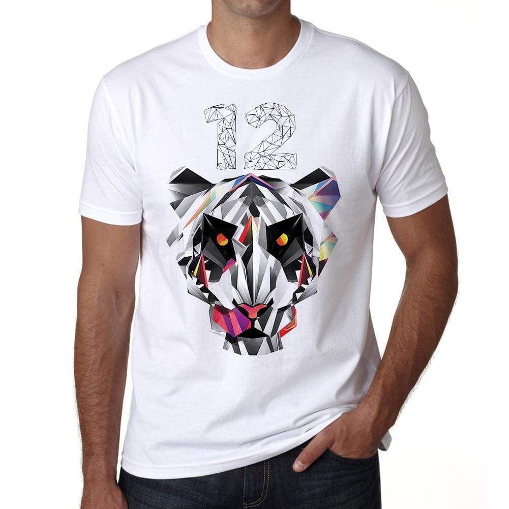 Geometric Tiger Number 12 White Mens Short Sleeve Round Neck T-Shirt 00282 - White / S - Casual
