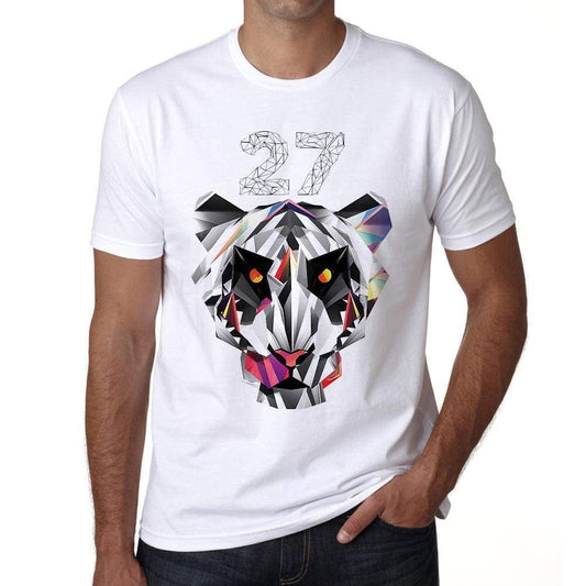 Geometric Tiger Number 27 White Mens Short Sleeve Round Neck T-Shirt 00282 - White / S - Casual