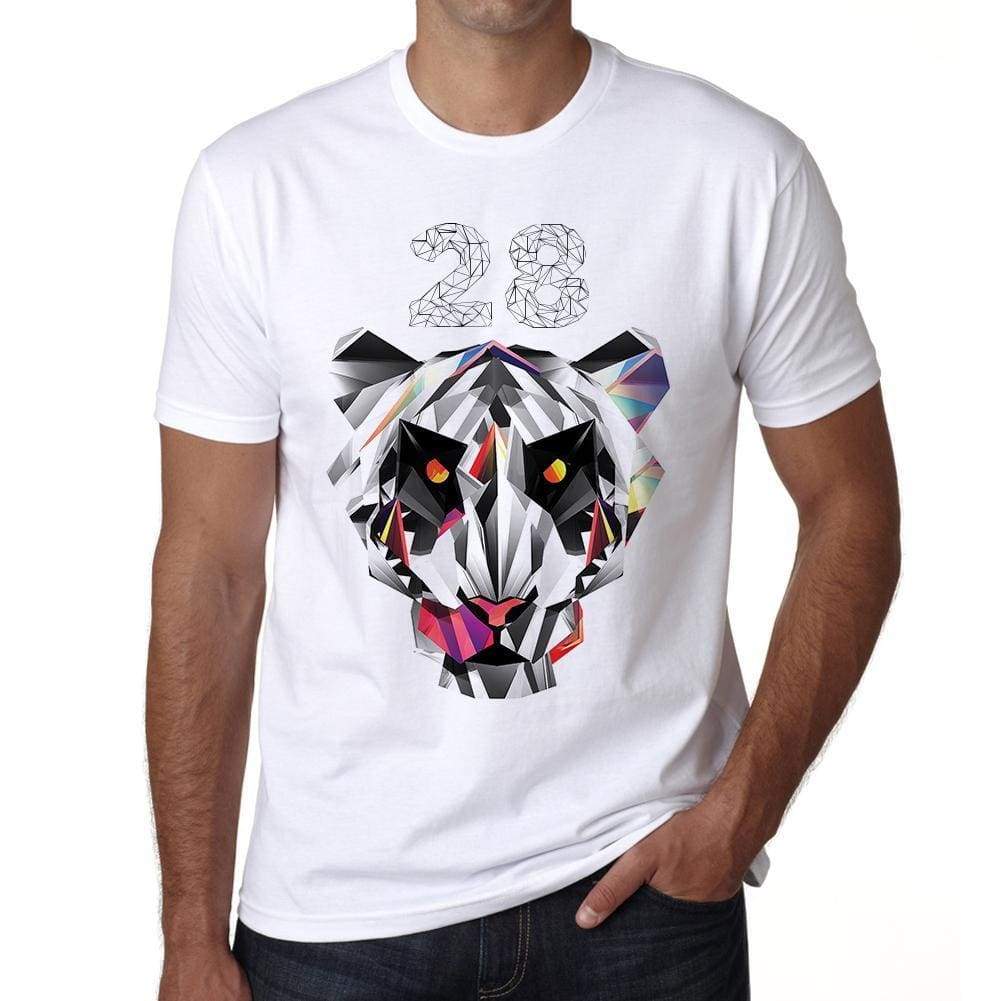 Geometric Tiger Number 28 White Mens Short Sleeve Round Neck T-Shirt 00282 - White / S - Casual