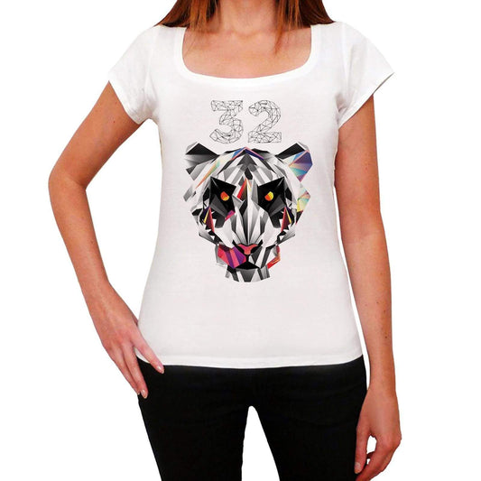 Geometric Tiger Number 32 White Womens Short Sleeve Round Neck T-Shirt 00283 - White / Xs - Casual