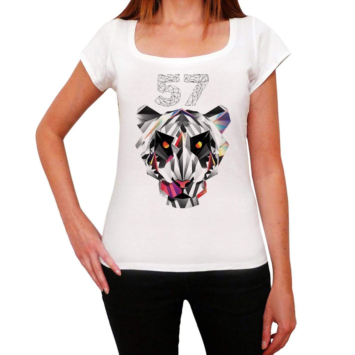 Geometric Tiger Number 57 White Womens Short Sleeve Round Neck T-Shirt 00283 - White / Xs - Casual