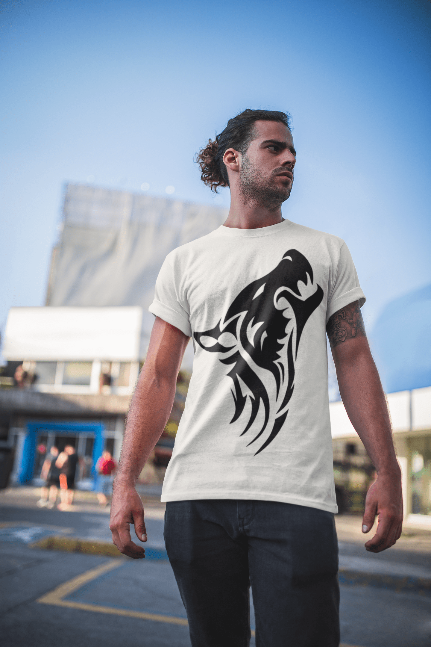 Wolf Tribal Tattoo, Weißes Herren-T-Shirt, 100 % Baumwolle, Rundhalsausschnitt 00162