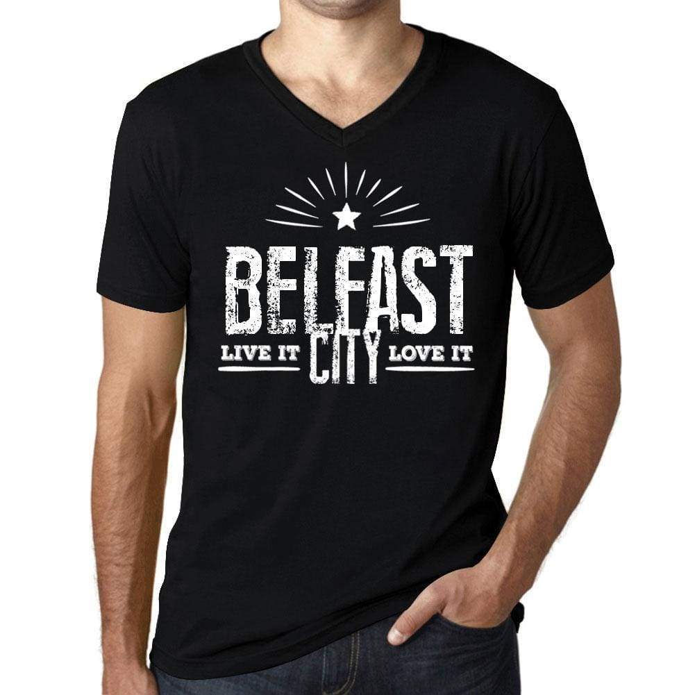 Mens Vintage Tee Shirt Graphic V-Neck T Shirt Live It Love It Belfast Deep Black - Black / S / Cotton - T-Shirt