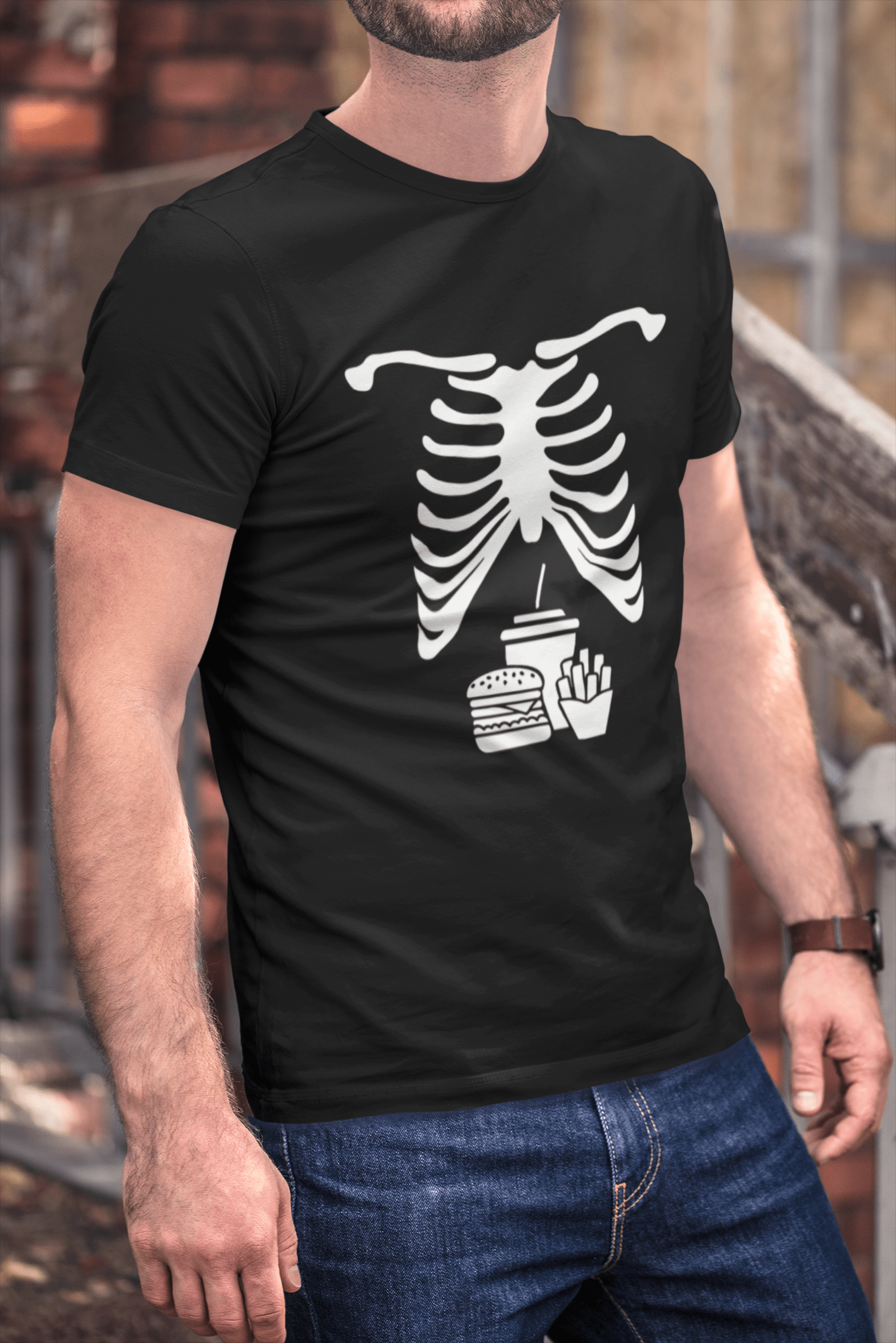 Ultrabasic - Homme Graphique Col V Tee Shirt Squelette Malbouffe Ventre X Ray Tee Shirt Cadeau de Halloween Noir Profond