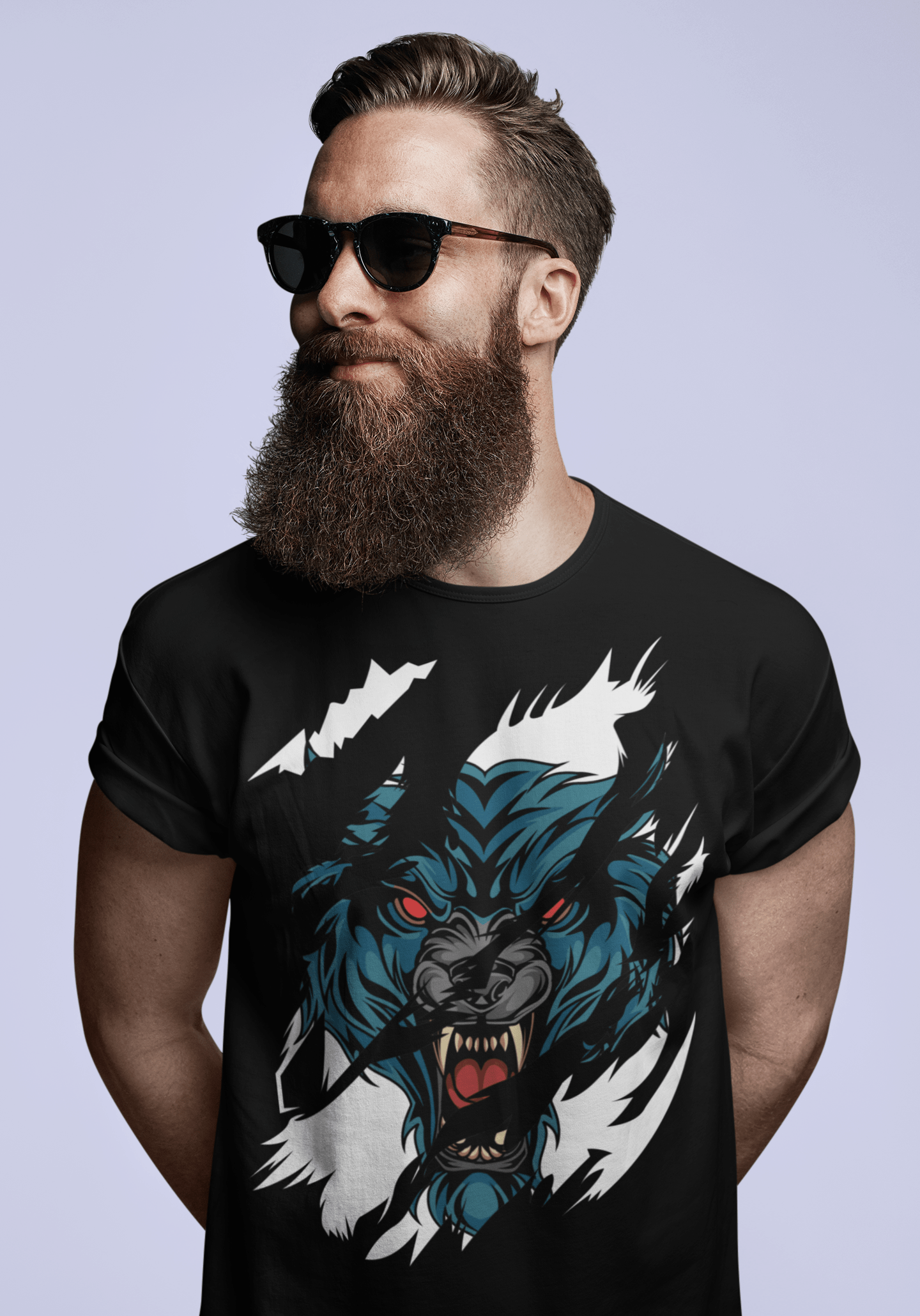 ULTRABASIC Herren zerrissenes T-Shirt Angry Wolf – Rote Augen – Kurzarmshirt