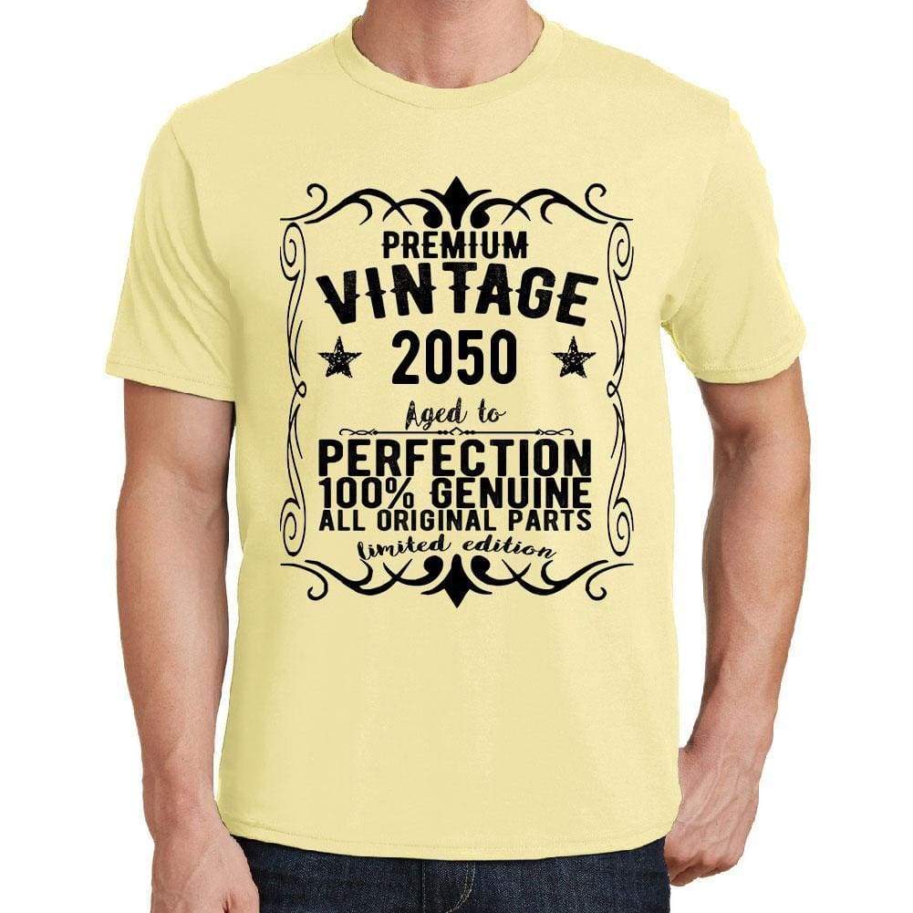 Premium Vintage Year 2050 Yellow Mens Short Sleeve Round Neck T-Shirt Gift T-Shirt 00348 - Yellow / S - Casual