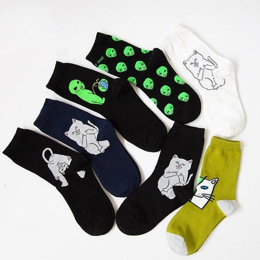 Mode Street Art Lustige Alien Planet Socken Persönlichkeit Kreative Lustige Cartoon Katze Atmungsaktive Männer Socken Glücklich Unisex Lange Socken