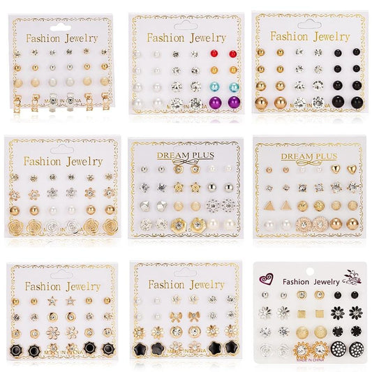 12 Pairs/set Stud Earrings Set With Card Transparent Zircon Balls Love Flowers Earrings Women Imulated Pearl Earrings Jewelry
