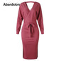 Abardsion Women Knitted Sweater Dress Wrap Belted Tunic Midi Vestidos Long Sleeve Double V Neck Split Casual Autumn Dresses 2019