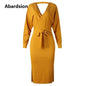 Abardsion Women Knitted Sweater Dress Wrap Belted Tunic Midi Vestidos Long Sleeve Double V Neck Split Casual Autumn Dresses 2019