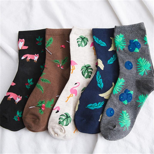 Cute Jacquard / Plant Fruit Print Pattern Art Socks Women Korean Animals / Fox Flamingo Sock Funny Sock Kawaii Sokken Calcetines