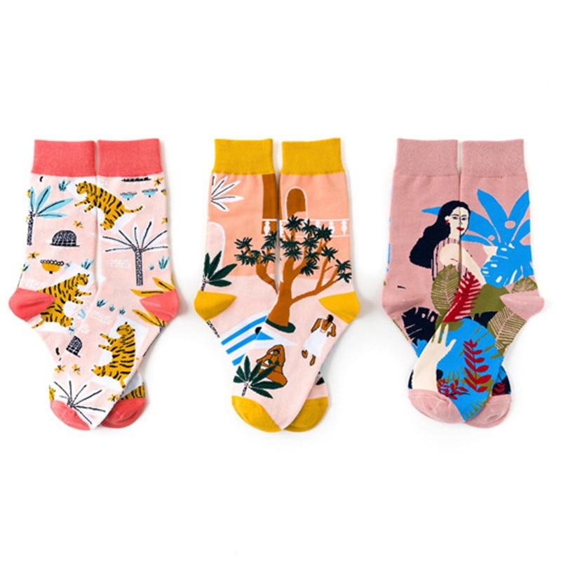 Hip-hop Socks Women Autumn Cotton Cartoon Pattern Print Middle Tube Sox Breathable Personality Street Socks Adult Slim