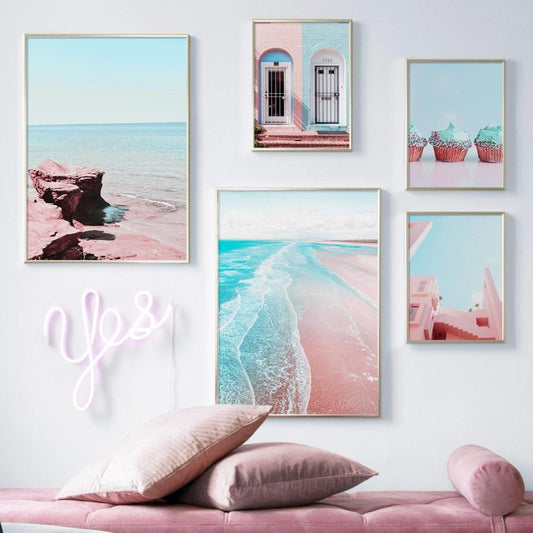 Gohipang Pink Beach Sea House Door Cake Landscape Wall Art Canvas Painting Nordic Posters And Prints Wall Pictures Living Room