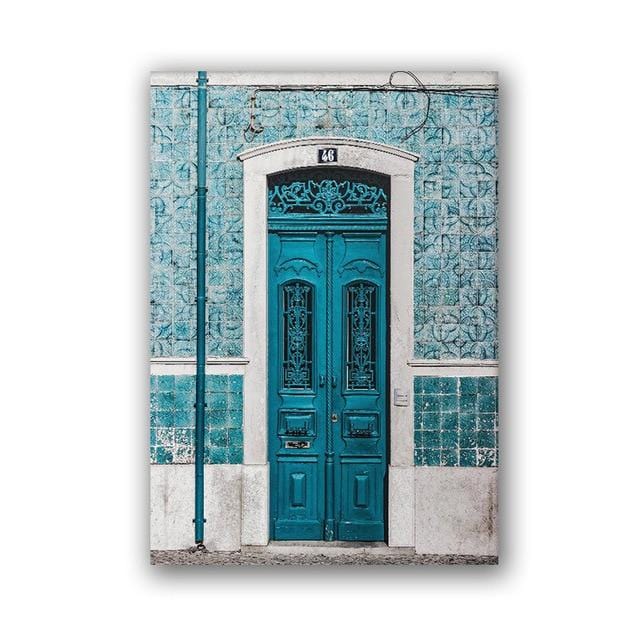 Lissabon Portugal Stadtplan Poster Drucke portugiesische Fliesen blaue Tür Vintage Wand Kunst Leinwand Malerei Stadt Fotografie Home Decor