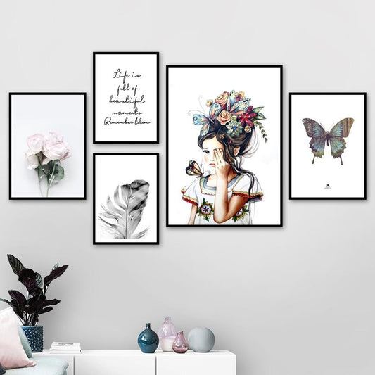 Mädchen Schmetterling Pfingstrose Feder Blume Wand Kunst Leinwand Malerei Nordic Poster Und Drucke Wand Bilder Für Wohnzimmer Wohnkultur