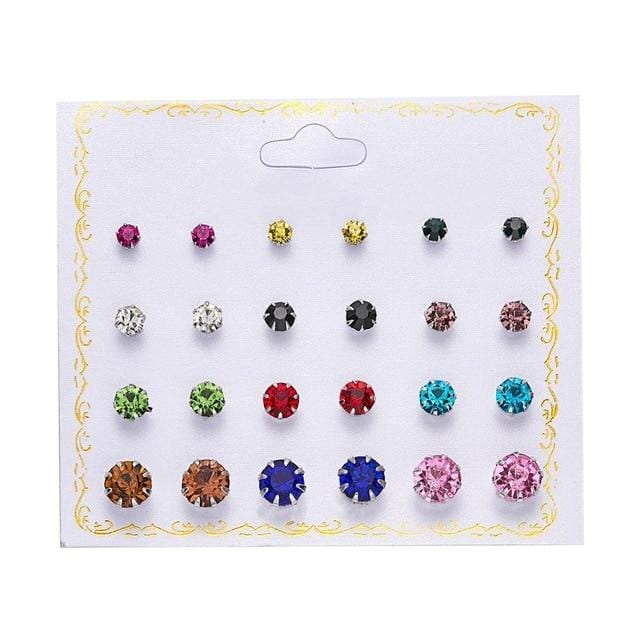 12 Pairs/set Stud Earrings Set With Card Transparent Zircon Balls Love Flowers Earrings Women Imulated Pearl Earrings Jewelry