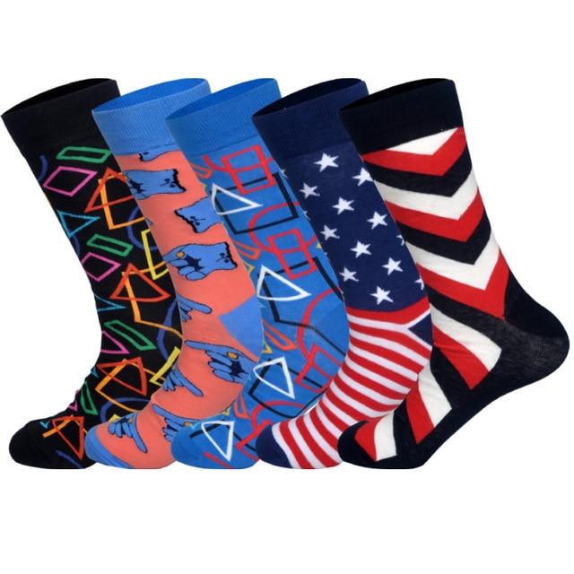 LIONZONE 5Pairs/lot Spring New Arrived Happy Socks Men Funny Art BritishStyle Streetwear Hip Hop Designer Crew Socks Gift Box