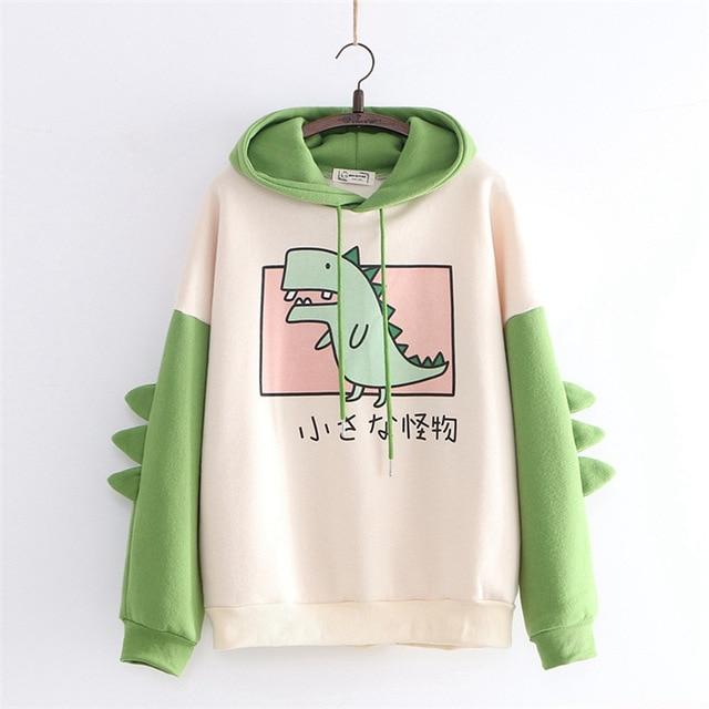 Merry Pretty Damen-Dinosaurier-Sweatshirt mit Kapuze, warmer Fleece-Hoodie-Pullover mit Hörnern, Harajuku-Kapuzenpullover für Mädchen und Teenager, grüner Kapuzenpullover