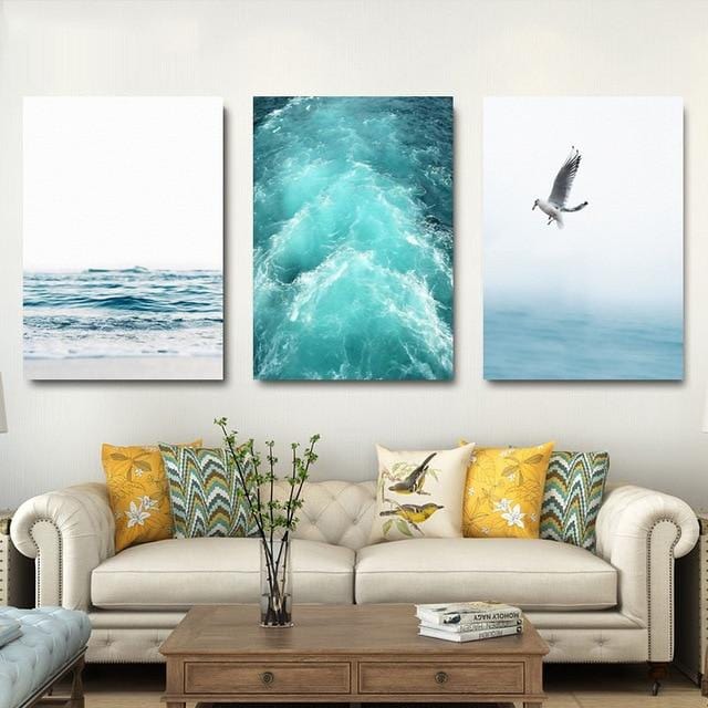 Blaues Meer und Himmel nordische Landschaft Leinwand Malerei kostenlose Möwe Wellen Strand Kunst Poster Wohnzimmer Dekor Seevögel Wand