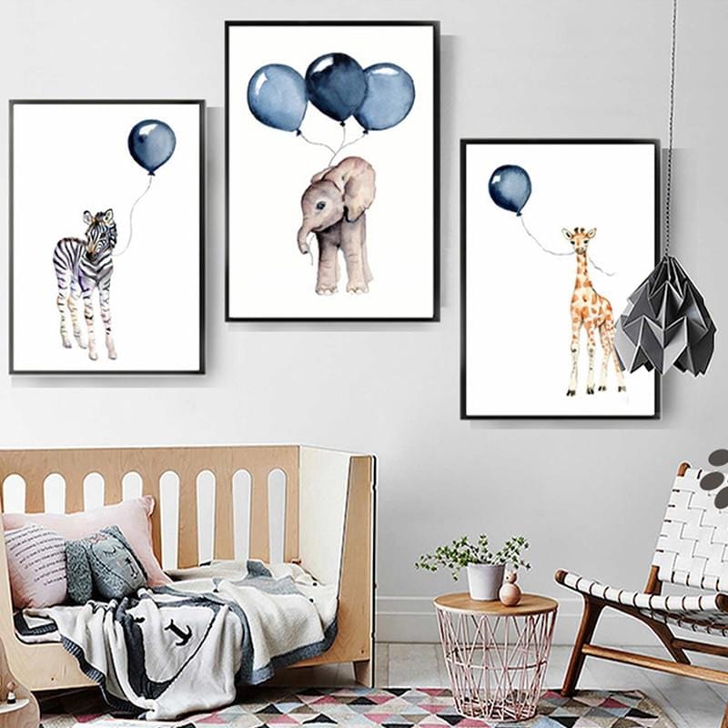 Nordic Cartoon Baby Animals Canvas Paintings Nursery Blue Balloon Art Poster Zebra Elephant Print Wall Pictures Kids Room Decor