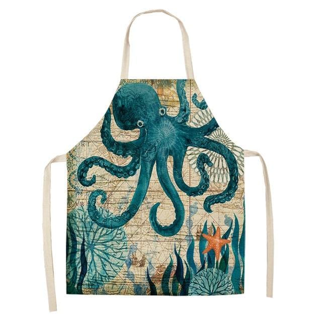 Marine Animals Printed Kitchen Aprons for Women Kids Sleeveless Cotton Linen Bibs Cooking Baking Cleaning Tools 53*65cm GT1299
