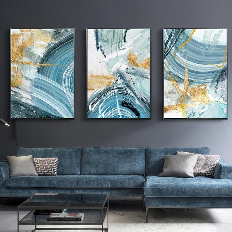 Modern Abstract Canvas Painting Poster and Print for Living Room Blue Bedroom Home Decor Picture Large Wall Art Golden Unframed