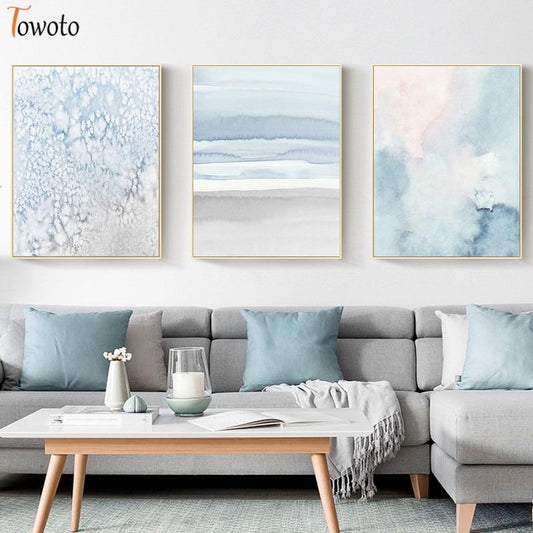 Abstract Canvas Painting Modern Watercolor Print Poster Blue and Gray Wall Art Neutral Wall Pictures for Living Room No Frame