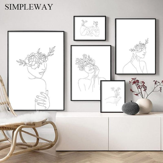 Einfachheit Strichzeichnung Poster und Druck schwarz weiß abstrakte Blume Frau Kunstwerk Leinwand Malerei Wand Kunst Bild Home Decor