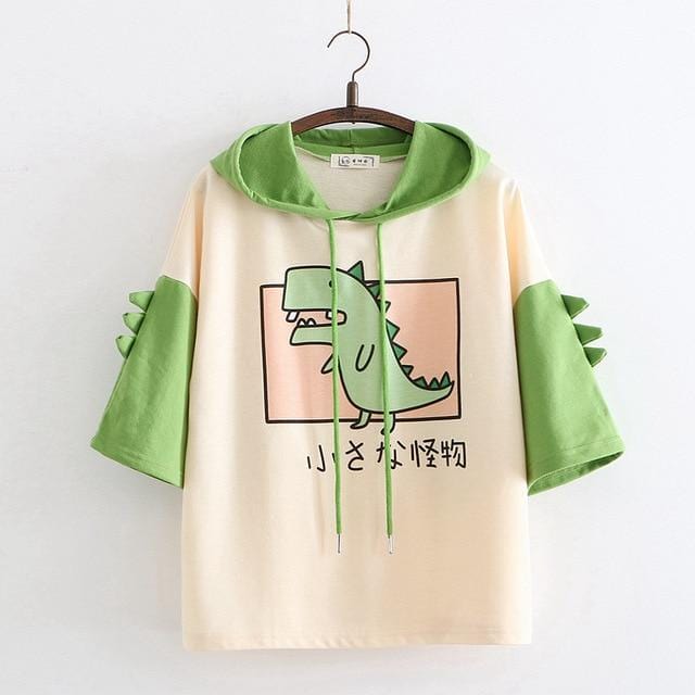 Merry Pretty Damen-Dinosaurier-Sweatshirt mit Kapuze, warmer Fleece-Hoodie-Pullover mit Hörnern, Harajuku-Kapuzenpullover für Mädchen und Teenager, grüner Kapuzenpullover