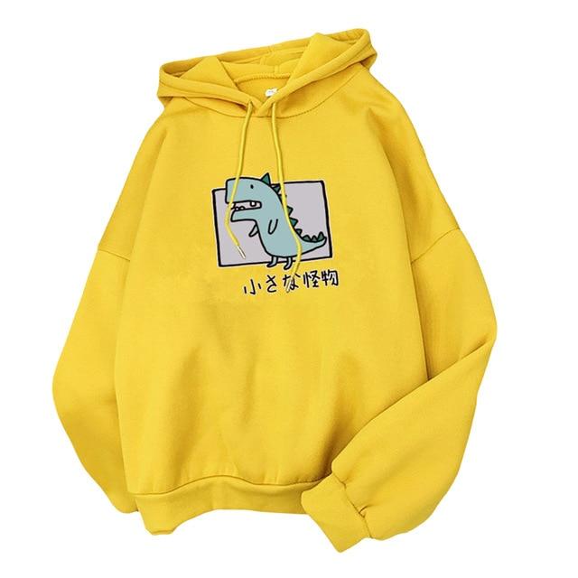 Harajuku Cartoon Dinosaur Print Hoodies Women Casual Long Sleeve Loose Hooded Sweatshirt Autumn Winter Fleece Hoody Pullover Top