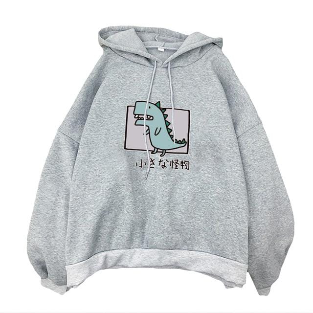 Harajuku Cartoon Dinosaur Print Hoodies Women Casual Long Sleeve Loose Hooded Sweatshirt Autumn Winter Fleece Hoody Pullover Top