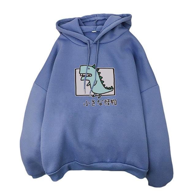 Harajuku Cartoon Dinosaur Print Hoodies Women Casual Long Sleeve Loose Hooded Sweatshirt Autumn Winter Fleece Hoody Pullover Top