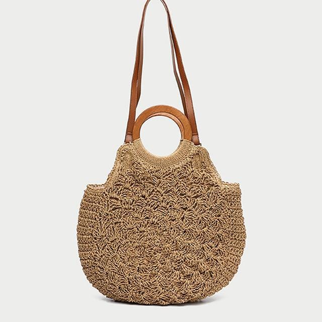 New 2020 women's Woven bag Wooden handle straw Shoulder Bags Round large-capacity beach travel handbag Crossbody bag