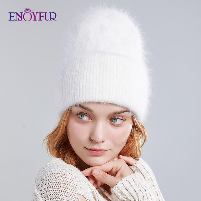 ENJOYFUR Winter hats for women warm long rabbit fur hair female caps fashion solid colors wide cuff young style beanies