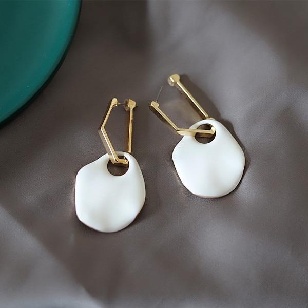 HUANZHI 2019 White Geometric Round Square Irregular Hollow Pearlescent Starry Sky Calla Lily Enamel Earrings for Women Girls