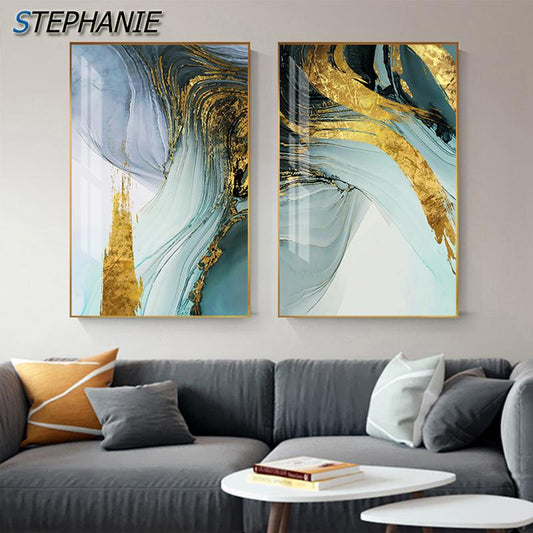 Modern Abstract Green Gold Foil Canvas Art Fashion Blue Poster and Print Wall Picture for Living Room Stylish Cuadro Decorativo