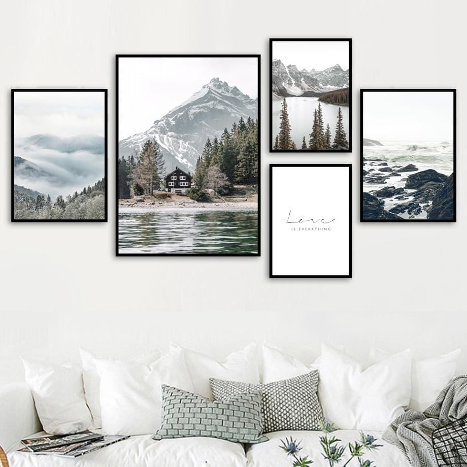 Fog Reef Snow Mountain Lake Pine Forest Wall Art Canvas Painting Nordic Posters And Prints Wall Pictures For Living Room Decor
