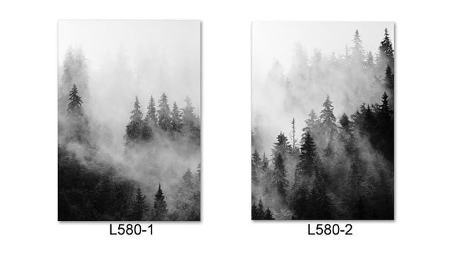 Walddrucke, Schwarz-Weiß-Natur, skandinavische Wandkunst, Leinwandgemälde, moderne, minimalistische Landschaft, neblige Bergplakate