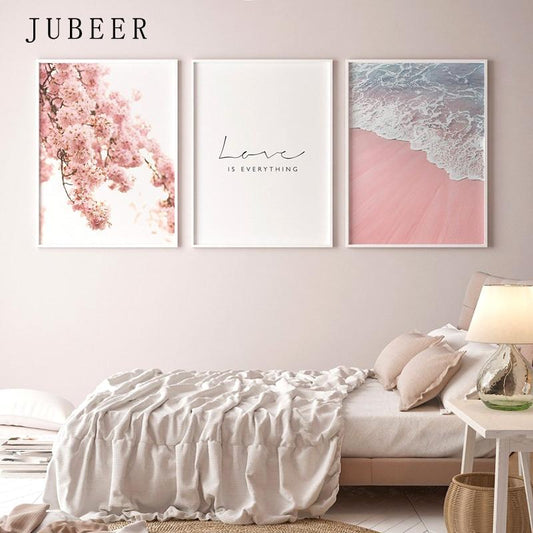 Scandinavian Style Poster Sea Beach Decorative Picture Pink Flower Wall Art for Living Room Nordic Decoration Home Decor