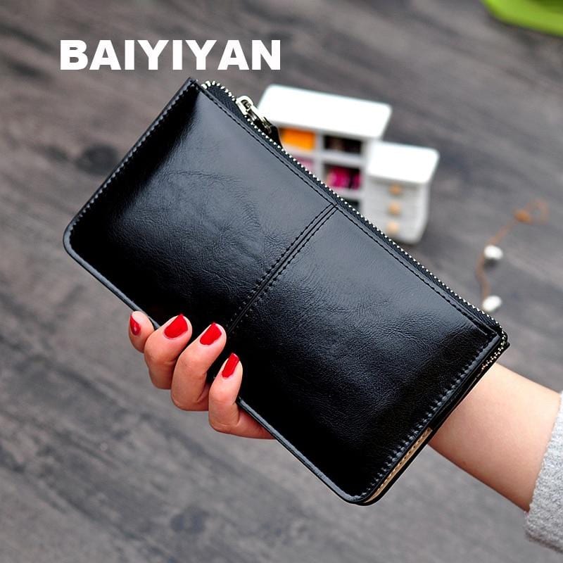 Vintage Women Oil wax Leather Zipper Clutch Wallet Female Purse Ladies Multi-function Simple Coin Purse