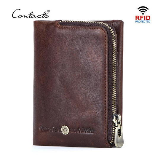 CONTACT'S New Small Wallet Men Crazy Horse Wallets Coin Purse Quality Short Male Money Bag Rifd Cow Leather Card Wallet Cartera