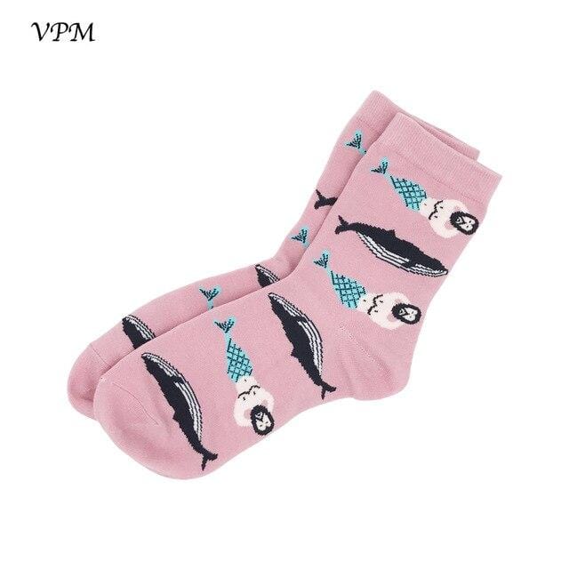 VPM Cotton Crew Women's Socks Casual Cute Streetwear Design Funny Alien Pig Dog Cat Space Print for Girl Gift