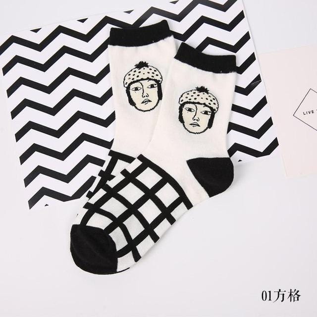 Japan Stil Coole Sexy Frauen Lustige Kopf Gemusterte Kurze Socken Baumwolle Lustige Hipster Kunst Knöchel Schwarz und Weiß Stil harajuku Sox