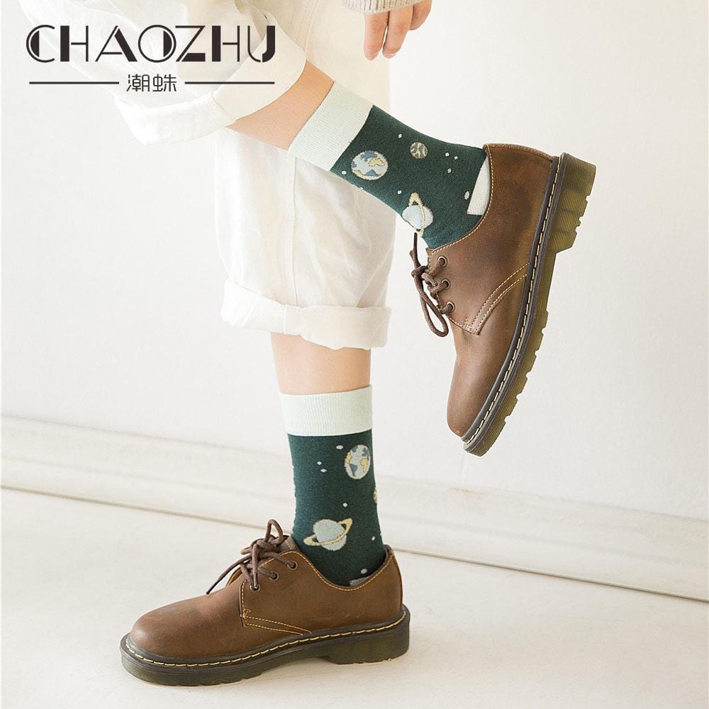 CHAOZHU Invincible Beauty Girl Cute Chic Puss Cotton Pink Purple Cartoon Planet New Socks Autumn Winter Kawai Super Socks Lady