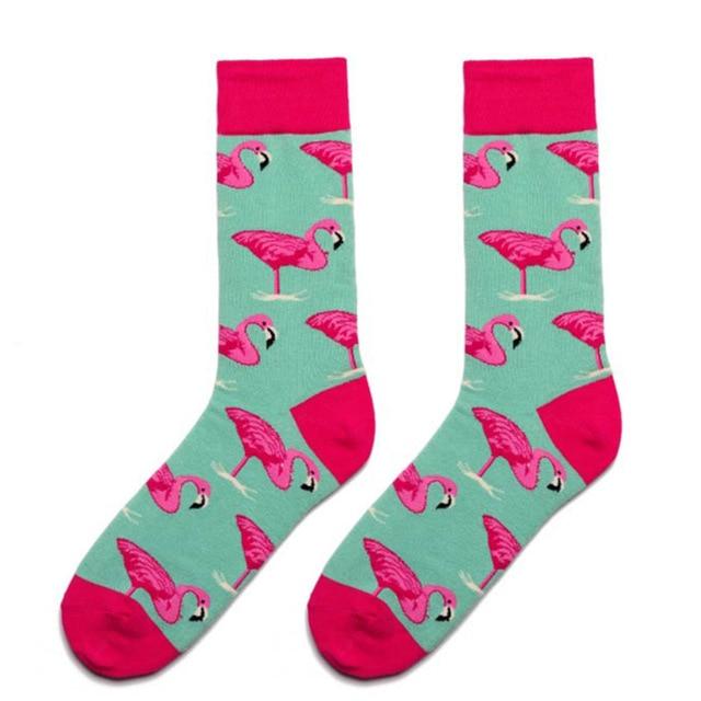 Women Socks Pink Green Cartoon Animals Flamingos Printed Harajuku Cute Funny Colorful Happy Female Casual Hip Hop Skate Hosiery