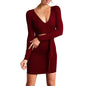 Sexy Women Long Sleeve V-Neck Bandage Tight Mini Dress Fashion Dress - Wine Red / L