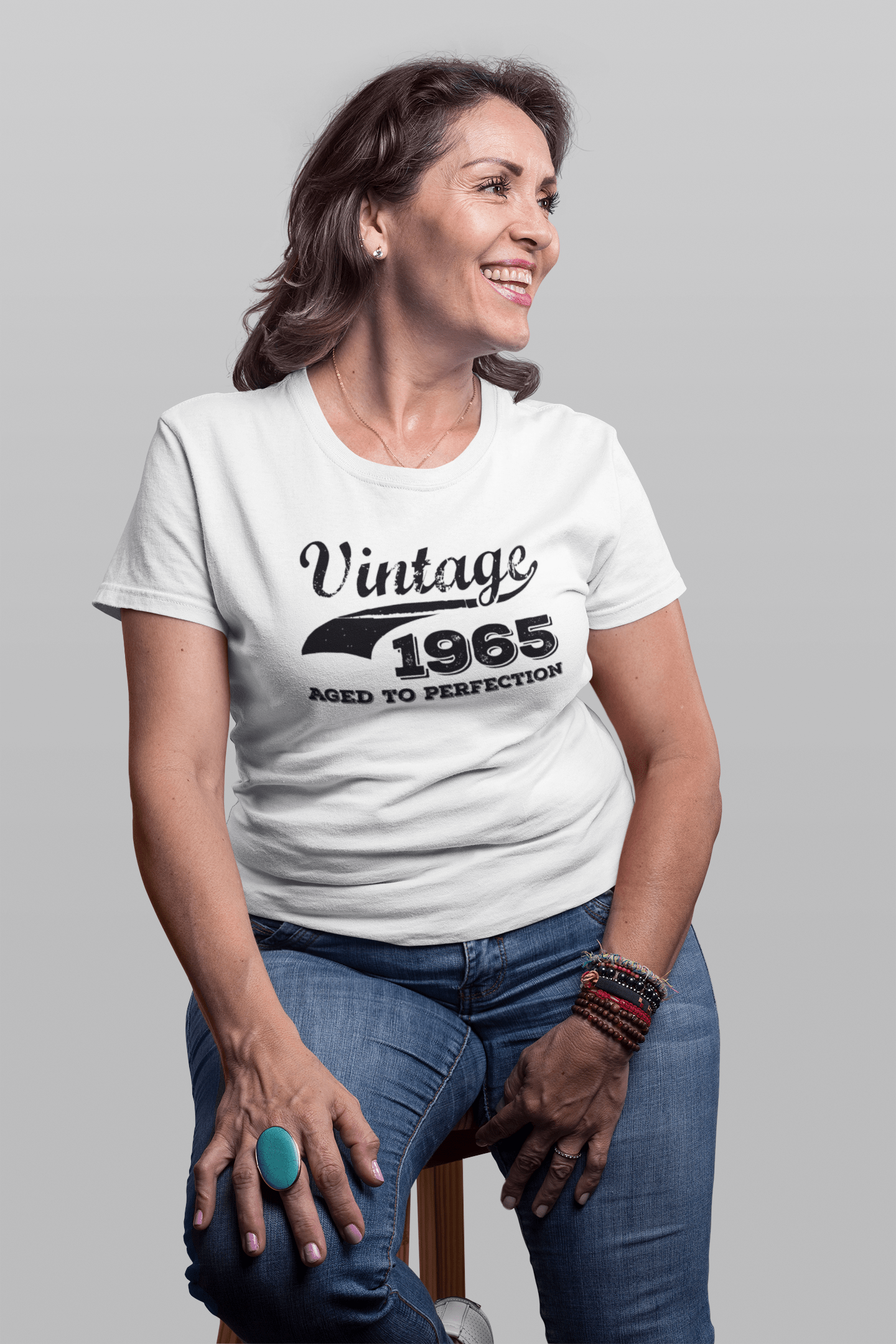 Vintage Aged To Perfection 1965, Weiß, Damen Kurzarm-Rundhals-T-Shirt, Geschenk-T-Shirt 00344
